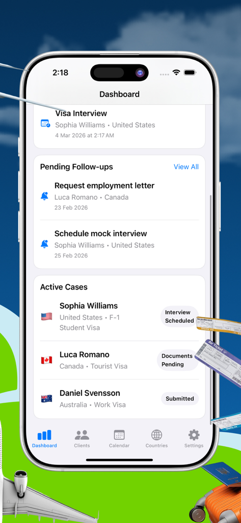 Visa Department App Tracker - Mobile dashboard showing visa application timelines and active case management for travel agents