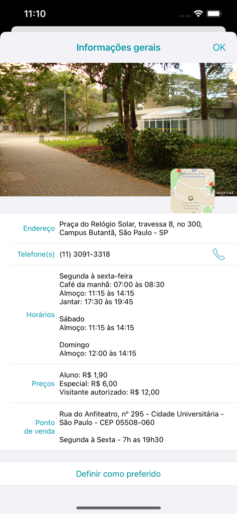 Cardápio USP - General information screen for a university restaurant showing address phone number hours and prices