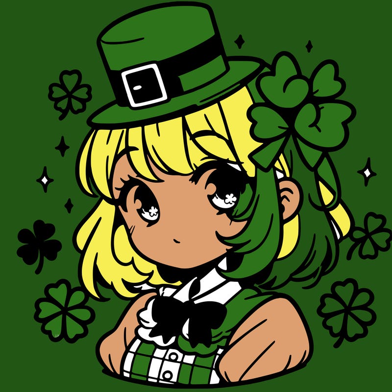 a manga-style girl with clovers around her, a little hat in her hair, like it's saint patrick's day