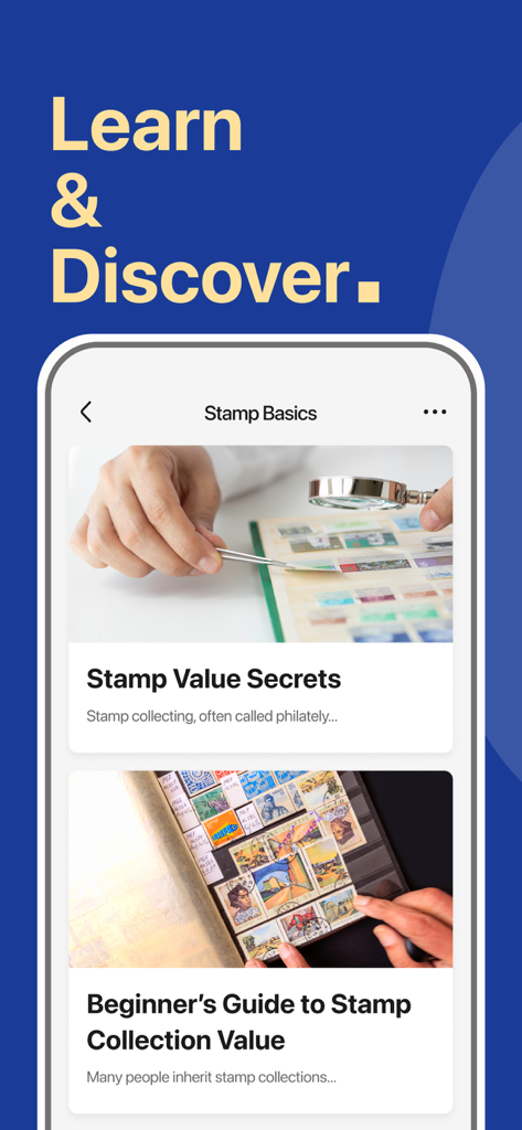 PhilSnap: Stamp ID & Values - PhilSnap app educational screen featuring guides on stamp value secrets and collection basics
