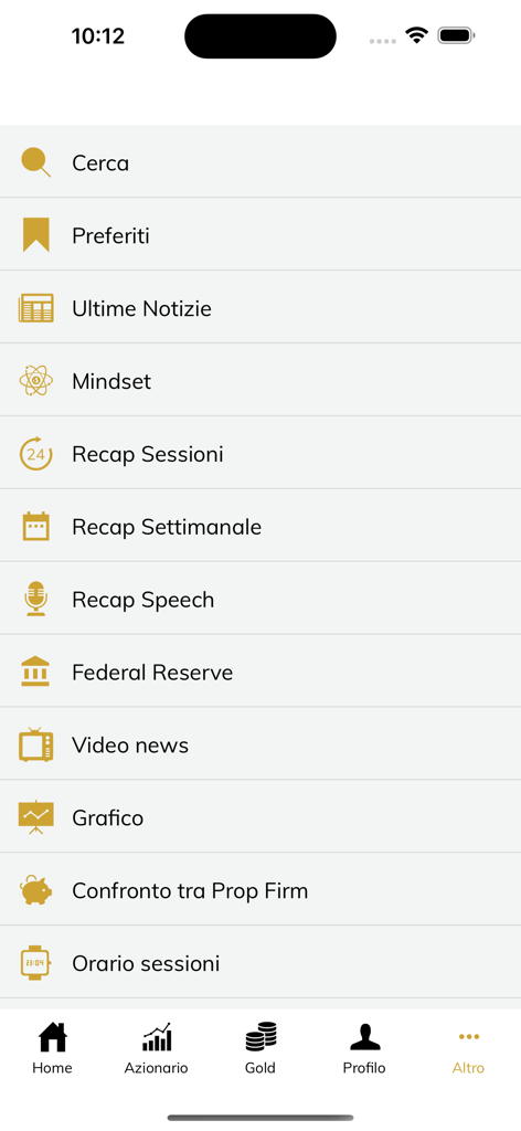 Forex Gump News - Mobile app menu for Forex Gump News showing session recaps market news and trading tools