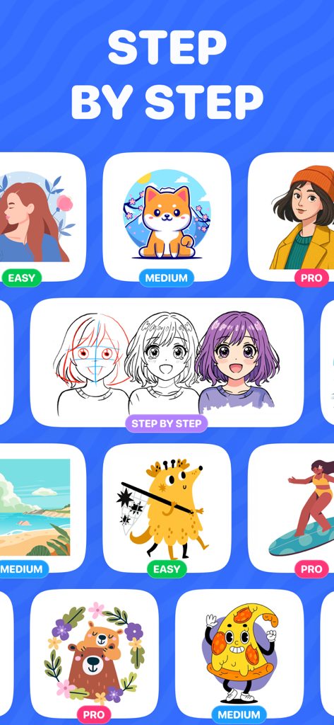 Drawlyアプリ。簡単なものからプロまで、アニメキャラクターとかわいい動物のステップバイステップの描画チュートリアルが表示されています。