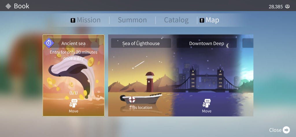 Menükarte in Fishing and Life, die verschiedene Angelplätze wie das Alte Meer und das Meer des Leuchtturms zeigt.