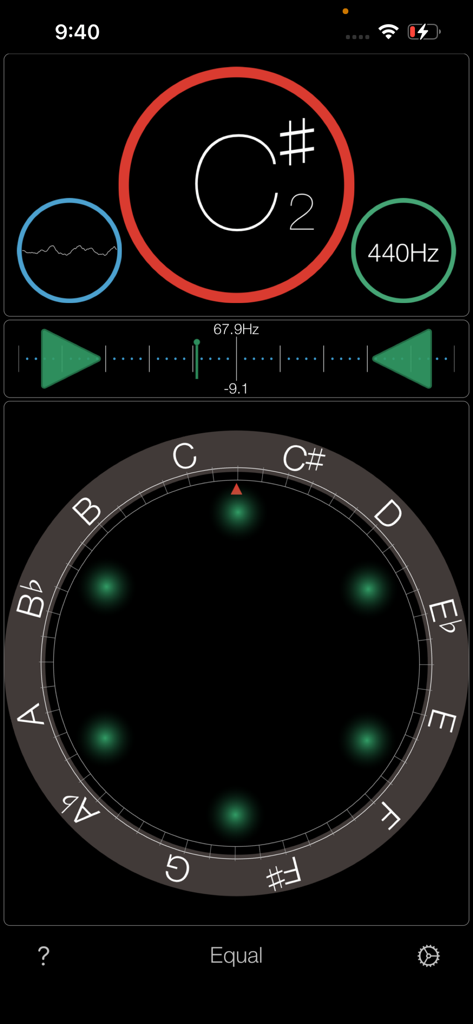 Touch Tuner - Interface do afinador cromático profissional Kawai Touch Tuner com dial de afinação e forma de onda em tempo real