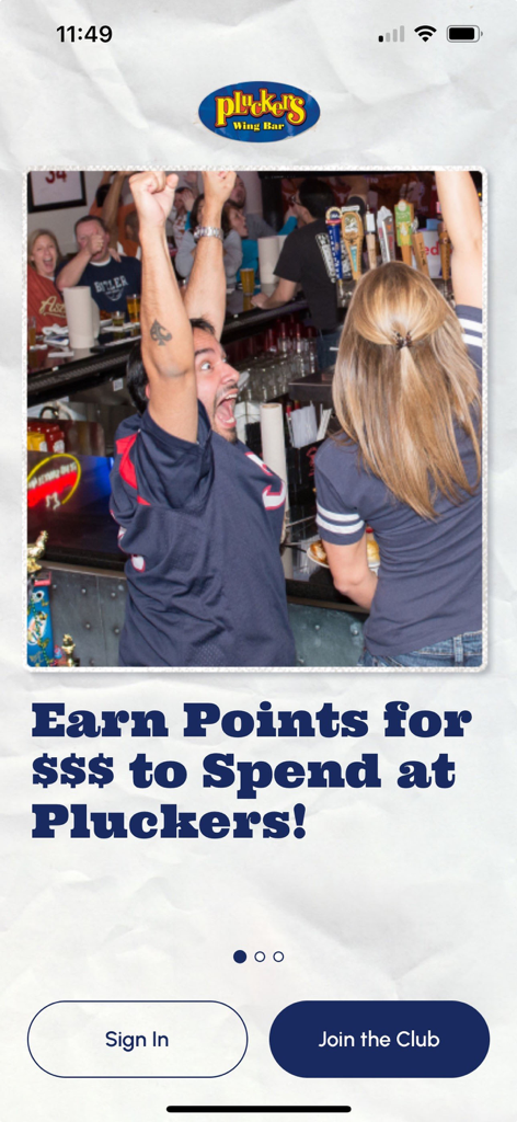 Pluckers Club app welcome screen showing sports fans and loyalty points offer