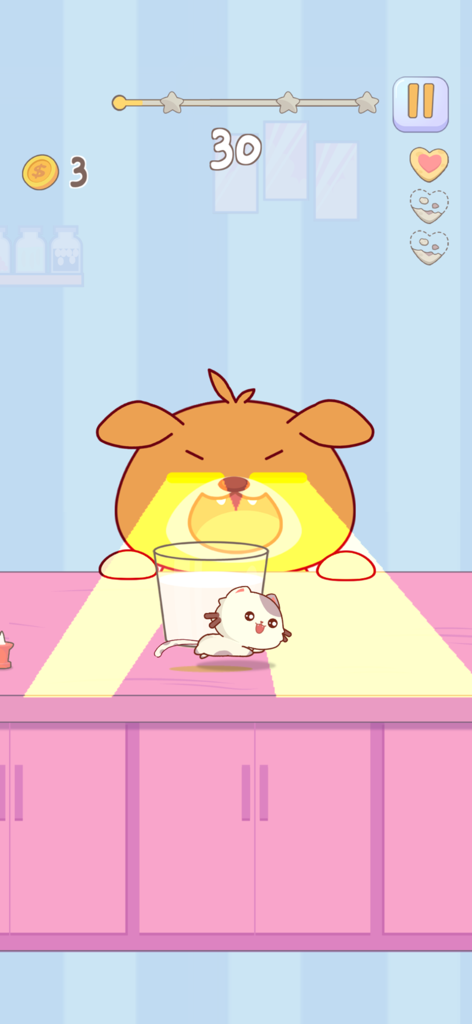 Infinity Cats - Un personaje de gato adorable saltando sobre un vaso de leche en la pantalla de juego del juego de ritmo musical Infinity Cats.