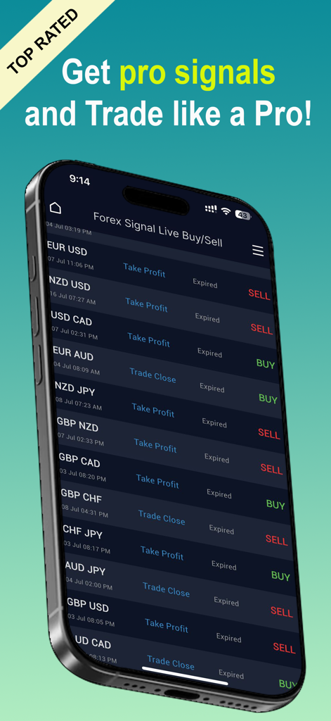 An iPhone displaying a list of live Forex buy and sell signals for multiple currency pairs including EUR USD and USD CAD.