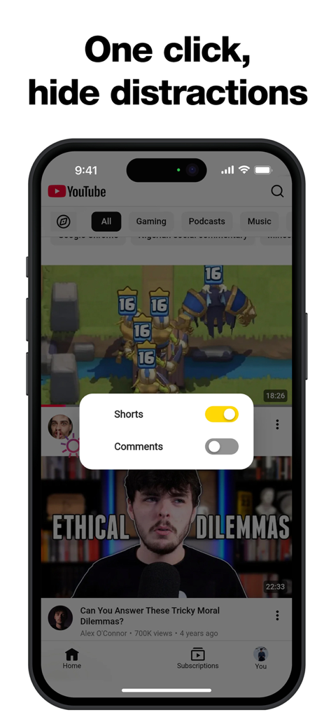 BackToLife Feed - Interface do aplicativo BackToLife mostrando opções para ocultar Shorts e comentários do YouTube