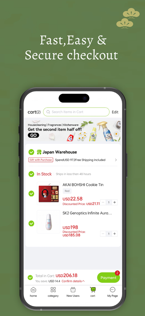 MiauMall - Direct from Japan - Carrito de compras de la aplicación MiauMall mostrando productos para un pago seguro con envío desde Japón.