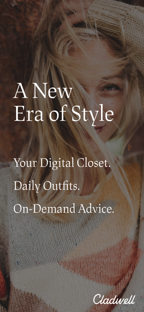 Cladwell app introductory screen featuring a woman and text describing the digital closet and daily outfit advice features