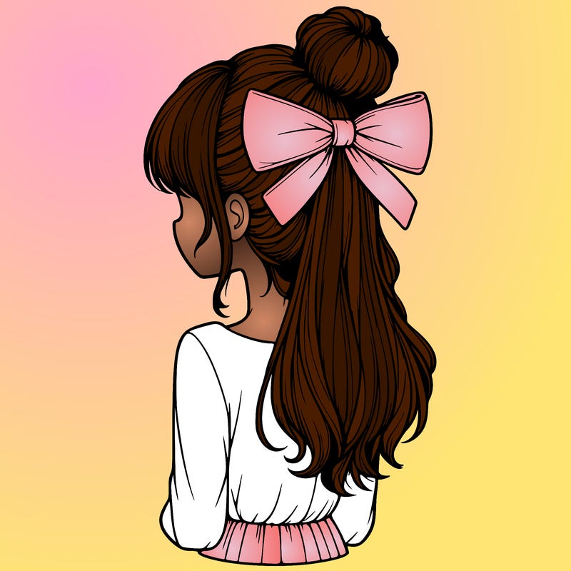 realistic girl  with hip length hair a bun and a big bow on the back of head