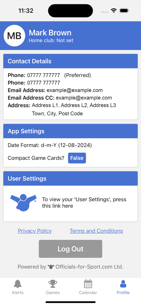 Profile screen of the WhosTheRef app showing user contact details, app settings, and account management options.