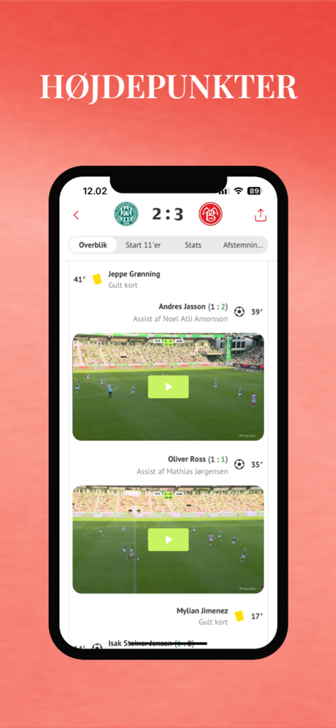 AaB app match highlights screen showing score of 2-3 with goal videos and a match events timeline
