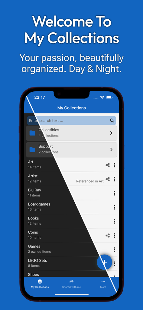 My Collections: Collect & Show - My Collections app interface featuring day and night modes with a list of curated hobby categories like art books and coins