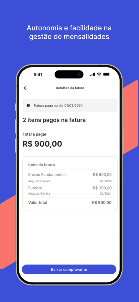 Meu Arco App-Bildschirm mit Details zur Schulrechnungszahlung und einer Schaltfläche für den Empfang