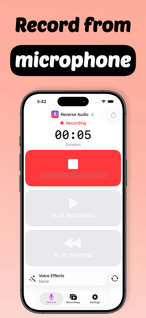 Reverse Audio - Sing & Record - Mobile app interface showing a live voice recording with a timer and buttons to play recorded or reverse the audio.