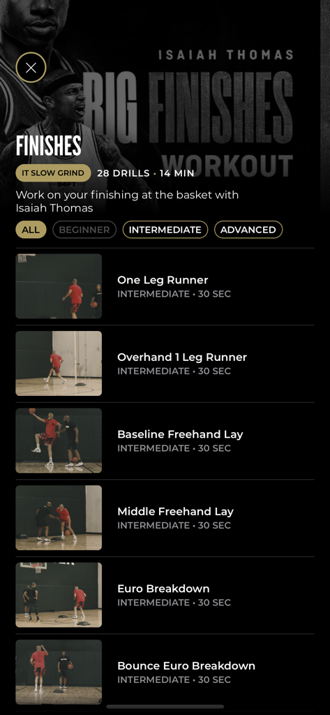 List of intermediate basketball finishing drills by Isaiah Thomas in the 94FEETOFGAME app