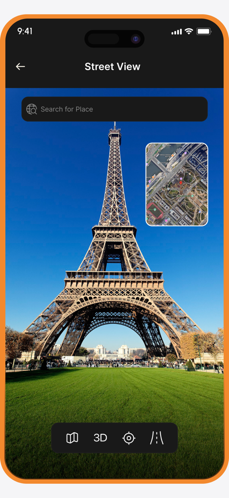 Street Map Live 3D Camera View - Mobile app interface showing a street view of the Eiffel Tower with an integrated satellite map