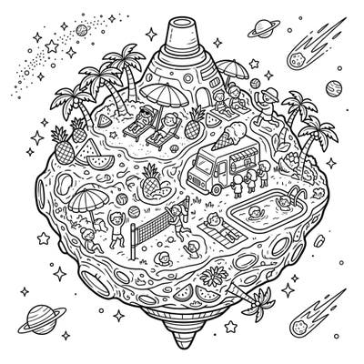 Blast off to an out-of-this-world summer adventure with this unique Ryugu asteroid coloring page! Imagine a celestial body bustling with beach activities, sunshine, and cosmic fun, all waiting for your creative touch.