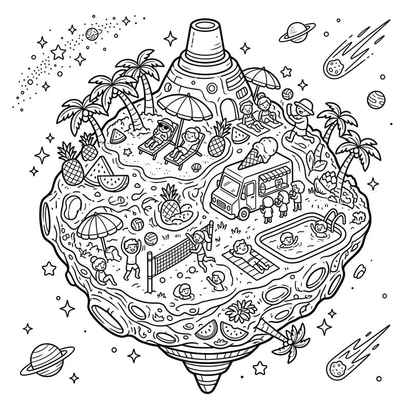Blast off to an out-of-this-world summer adventure with this unique Ryugu asteroid coloring page! Imagine a celestial body bustling with beach activities, sunshine, and cosmic fun, all waiting for your creative touch.
