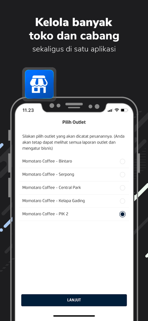 POST. - Aplikasi Kasir - Mobile app screen for selecting and managing multiple store outlets in a POS system.
