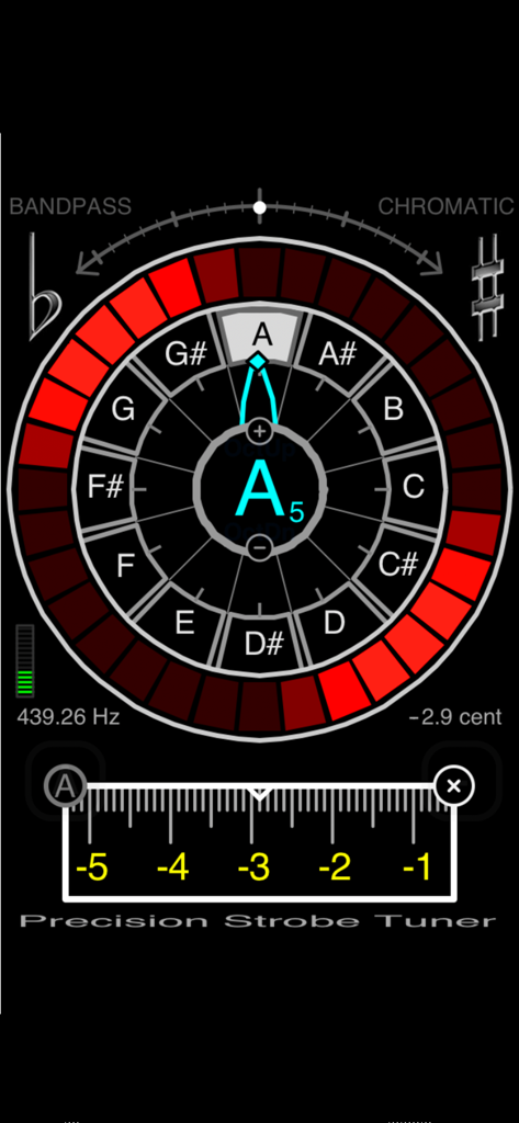 Interfaz de afinador estroboscópico profesional que muestra datos de calibración de frecuencia y tono