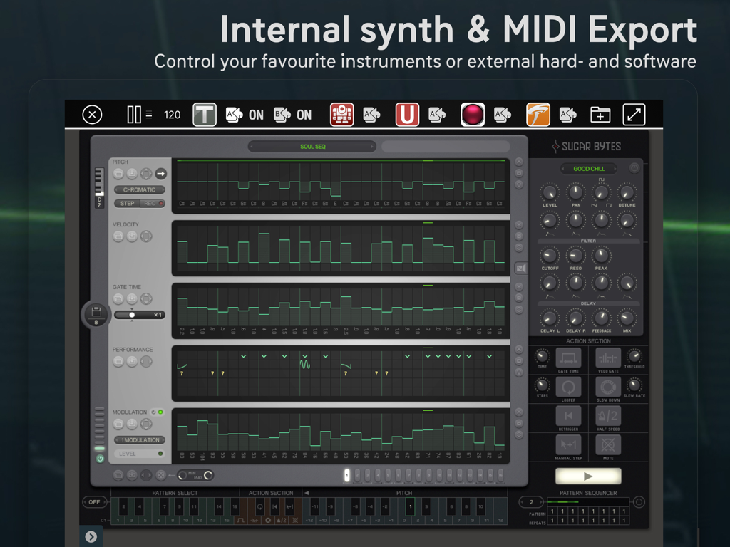 Interfaz de Sugar Bytes Thesys mostrando patrones de secuenciador por pasos MIDI y controles de sintetizador interno en un iPad