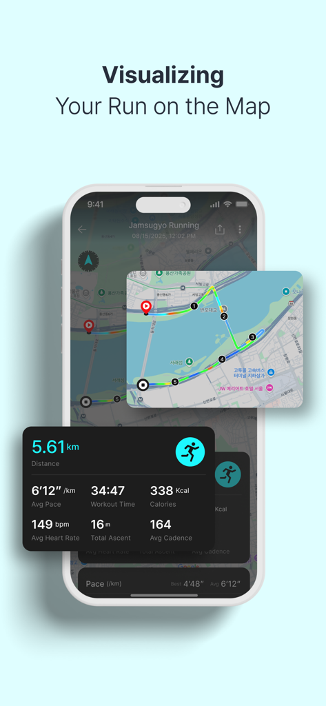 NU:RUN - NU RUN app displaying a GPS workout route on a map with running statistics.