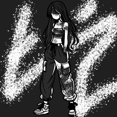 girl in baggy pants crop top and long hair