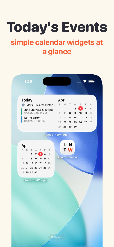I Need That Widget - iPhone home screen with clean calendar and events widgets showing a daily schedule and monthly view