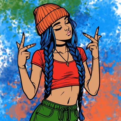 realistic teenage girl with braids and a beanie and crop top doing 🫶🏼