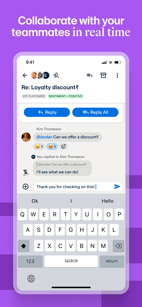 FrontApp - FrontApp mobile interface showing internal team members chatting on an email thread.