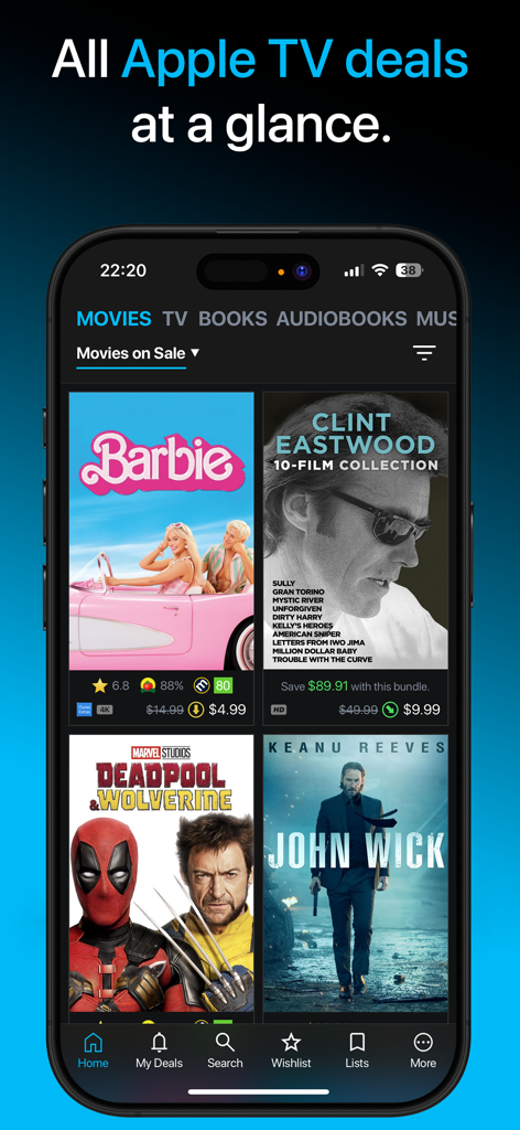 CheapCharts - Movie & TV Deals - Interfaz de la aplicación CheapCharts que muestra películas y colecciones con descuento en la tienda Apple TV