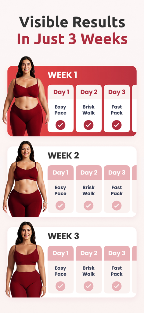 Walking Weight Loss: Walk Pal - Infographic showing a woman achieving weight loss results after a three week walking program.