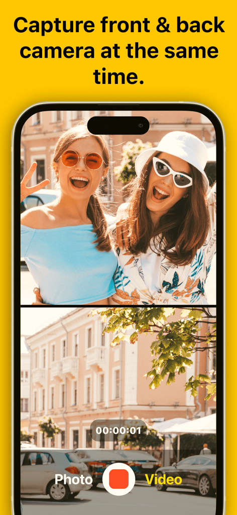 Dual Camera Photo Video Record - Interfaz de una aplicación móvil que muestra grabación simultánea de cámara delantera y trasera en un diseño de pantalla dividida.