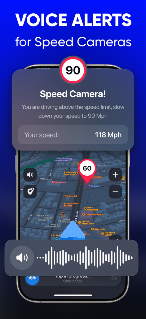 Interfaz de aplicación móvil que muestra una notificación de alerta de cámara de velocidad con forma de onda de voz y un mapa de navegación en tiempo real.