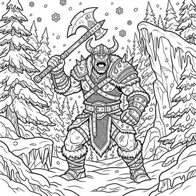 Journey into a fierce fantasy world with this Orc Berserker coloring page, bravely standing armed amidst a blizzard. This detailed illustration combines the thrill of battle with the serene beauty of a winter wonderland.