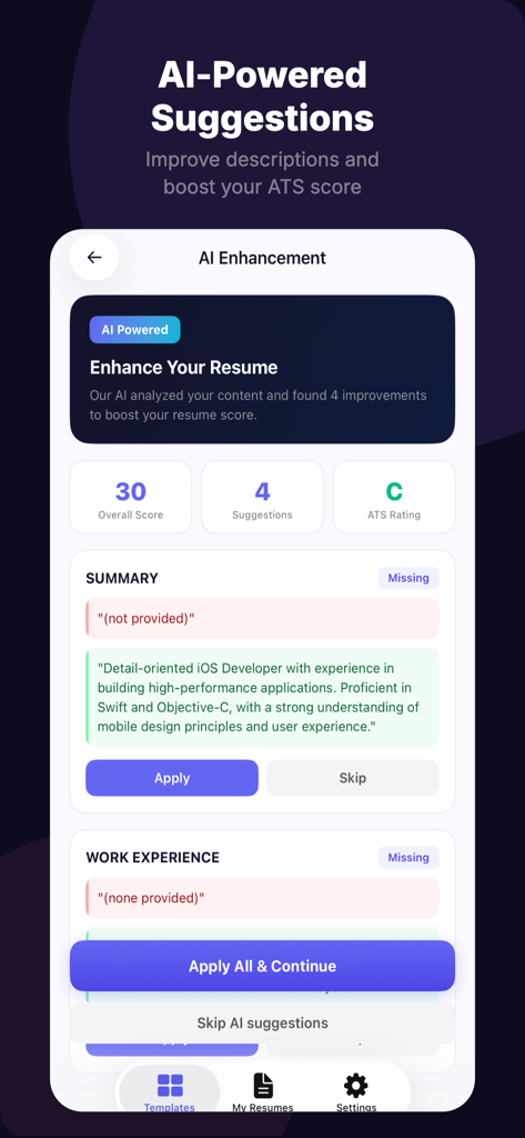 AI-powered resume enhancement screen showing ATS scoring and description suggestions