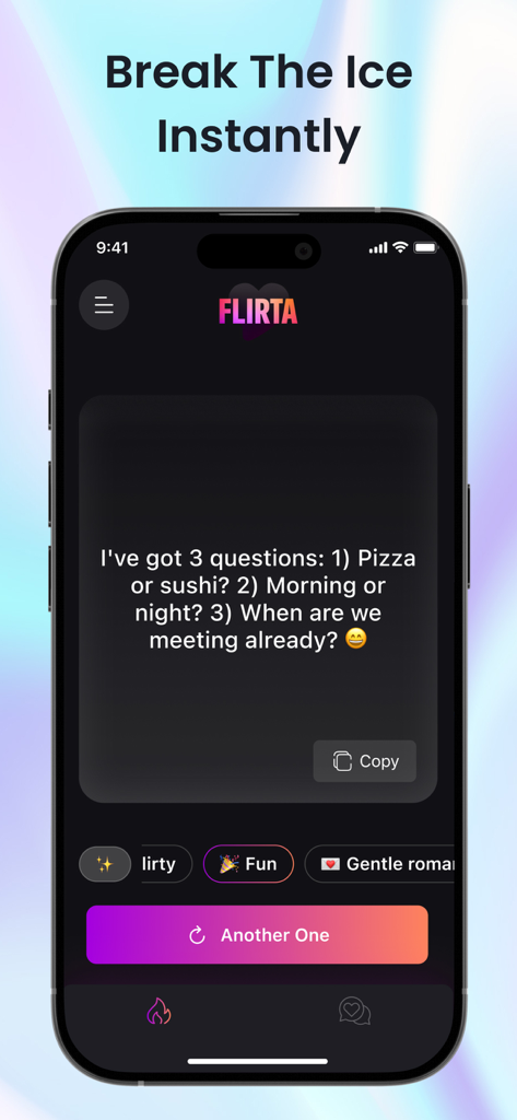 Flirta: AI Dating Assistant - Smartphone display of Flirta AI dating assistant showing a conversation starter and tone selection.