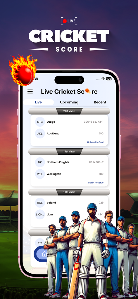 Live Cricket TV- HD Streaming. - Mobile app interface showing live cricket scores and match schedules for various teams