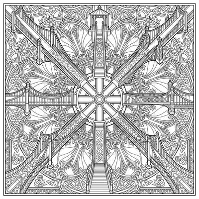 Dive into a world where architectural marvels meet intricate artistry with this unique pedestrian bridges mandala. Unleash your creativity as you bring these symmetrical structures and delicate patterns to vibrant life.