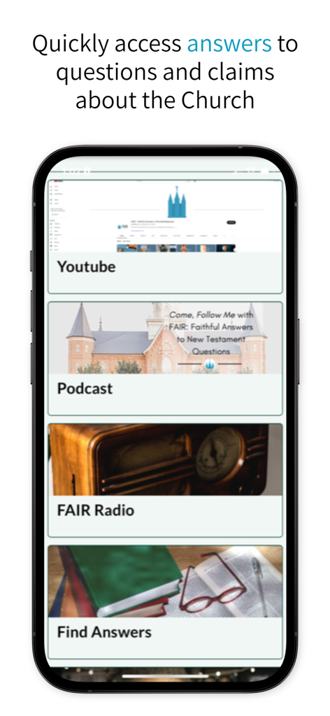 Faithful Answers - El menú principal de la aplicación Faithful Answers que muestra tarjetas de navegación para YouTube, podcasts, FAIR Radio y encontrar respuestas.