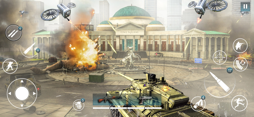 Freedom Strike: Offline Games - Tank combat gameplay in Freedom Strike showing explosions and city warfare.