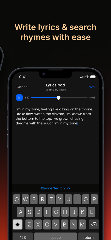 BeatStars mobile app interface showing the lyrics pad and rhyme search feature for songwriters.