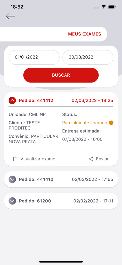 Grupo CMLab - Screenshot of the Grupo CMLab app showing a list of medical exam orders with status and date filters.