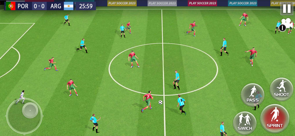 Play Soccer 2026 - Real Match - A 3D soccer match gameplay between Portugal and Argentina in Play Soccer 2026 with on-screen controls