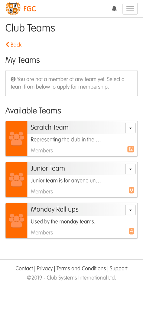 ClubV1 Members Hub - Interface de l'application ClubV1 Members Hub montrant une liste des équipes de golf disponibles à rejoindre