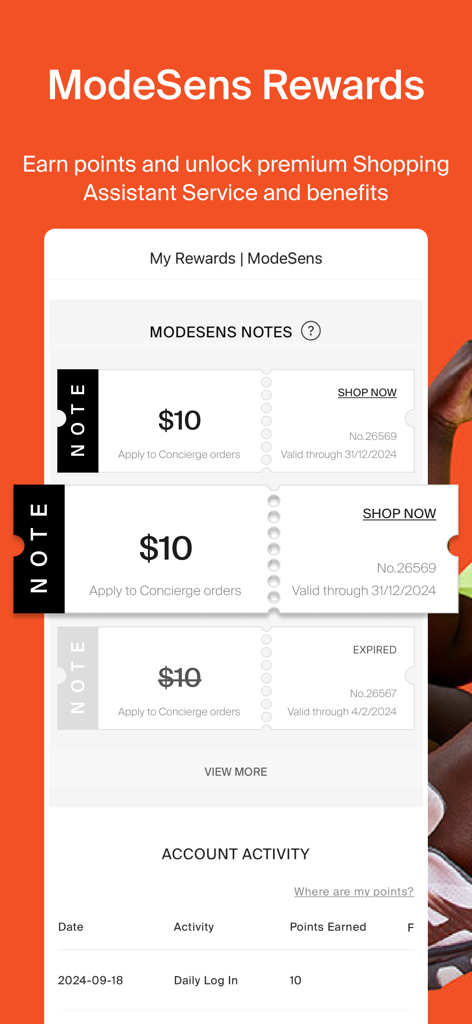 ModeSens rewards screen showing available coupons and account points activity