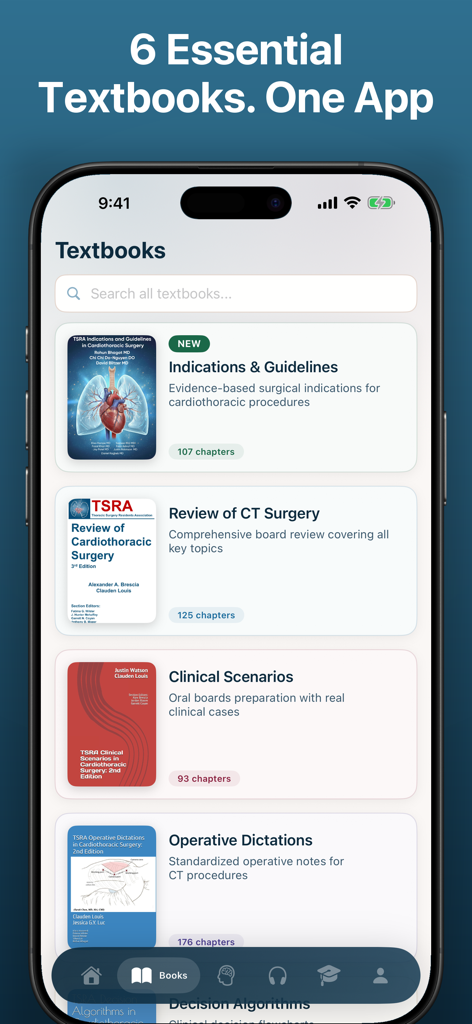 A mobile interface of the TSRA app showing a list of essential cardiothoracic surgery textbooks including Indications and Guidelines and Operative Dictations.