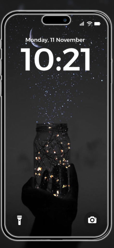 Sfondo estetico nero che mostra un barattolo di lucine e un cielo notturno illuminato dalla luna